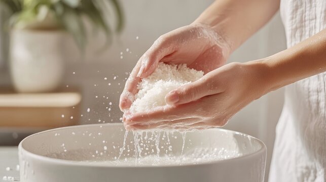 Woman adding bath salts to a hot bath for a relaxing soak