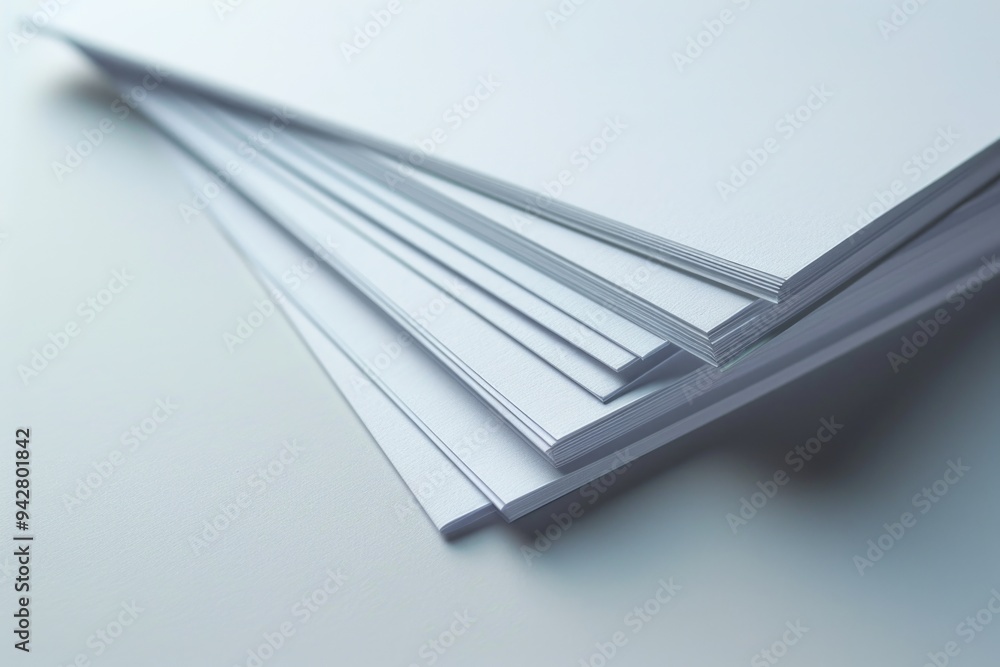 Poster A stack of white papers on a table with a simple and organized setup
