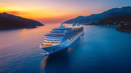 Luxurious modern white cruise liner sailing on the blue sea with great mountains backdrop view