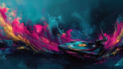 Vibrant Vinyl Dreams: Classic Turntable Art with Swirling Colors - Perfect for Music Lovers' Home Decor or Sports Bar Posters!