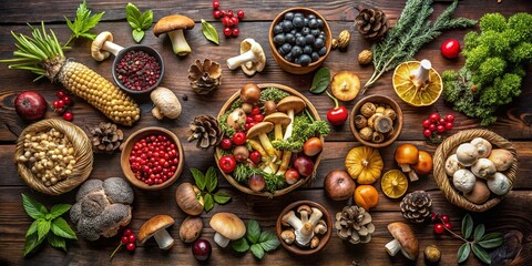 A variety of wild mushrooms, berries, and food ingredients neatly arranged on a dark wood table in a knolling style
