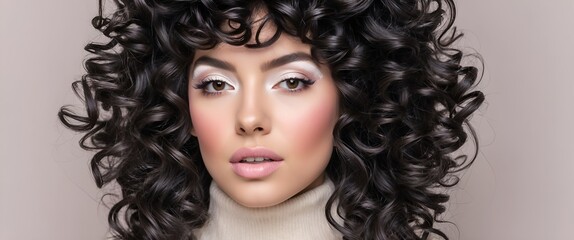 Fototapeta premium Lovely model with shiny volume curly hair, winter white eyeshadows make-up, pale lips and pink cheeks. 
