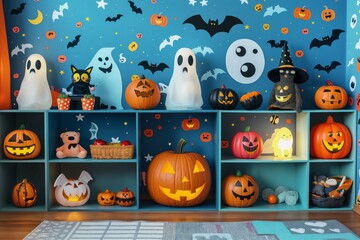 Playroom with Halloween-themed decorations: colorful wall stickers of ghosts, spiders, and witches, with plush toys and glowing pumpkins on the shelves.