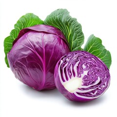 Obraz premium Fresh red cabbage with leaves isolated on white background.