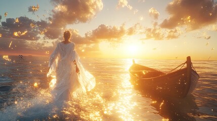 Fototapeta premium Radiant Voyager on Ocean Waves: Captivating Sunset Scene with White and Gold Attire, Ideal for Sporty Interior Posters and Inspiring Decorative Art