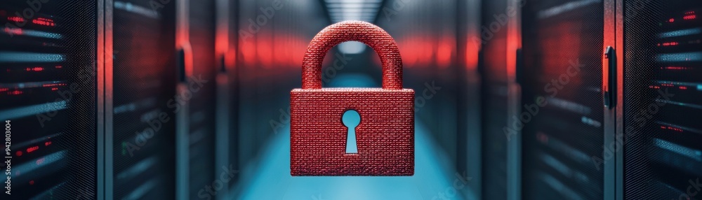 Poster red padlock in a digital environment, symbolizing data security and protection in a server room.