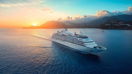 Luxurious modern white cruise liner sailing on the blue sea with great mountains backdrop view