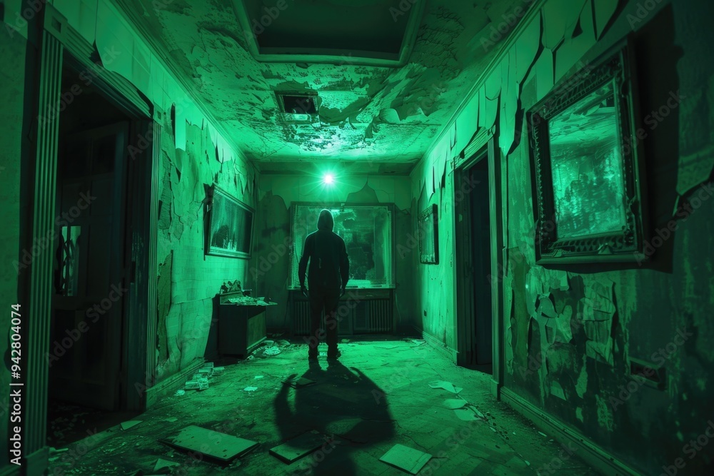 Poster A person stands in a dimly lit room with a single green light source