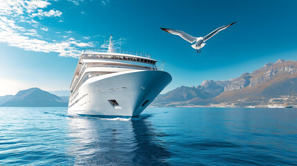 Luxurious modern white cruise liner sailing on the blue sea with great mountains backdrop view