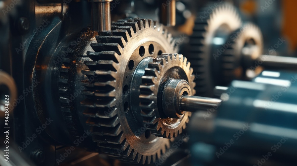 Poster close-up of interlocking metal gears in a machine