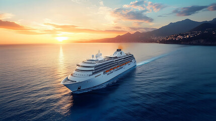 Luxurious modern white cruise liner sailing on the blue sea with great mountains backdrop view