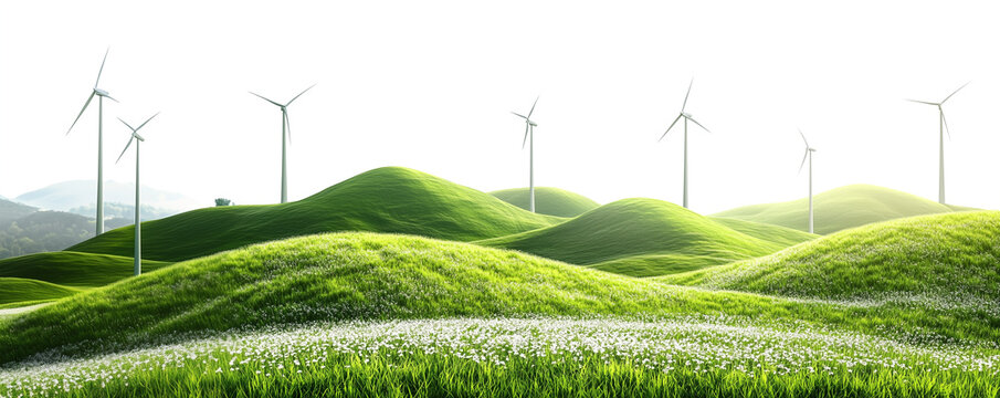 Wind turbines and grassy hills flora isolated against transparent background. Natural energy concept