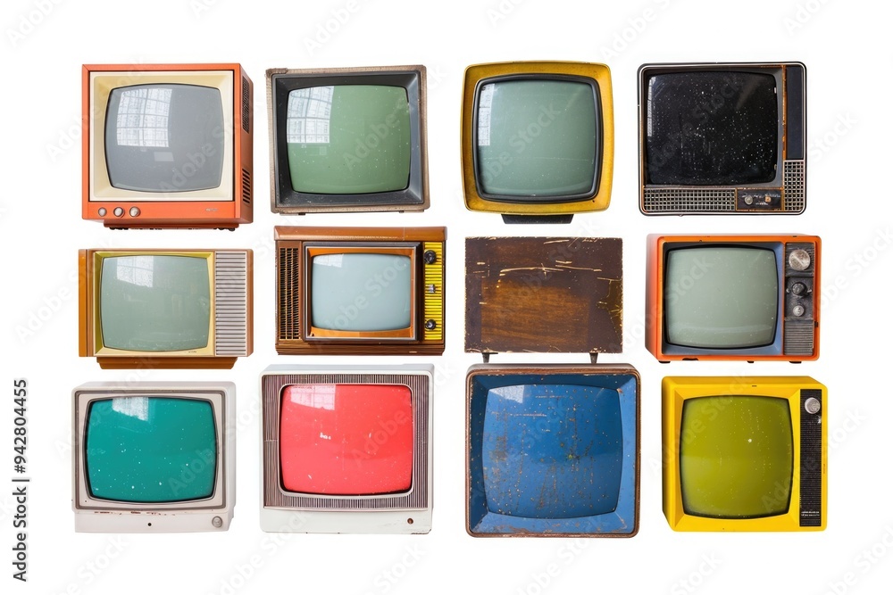 Poster old televisions stacked on top of each other