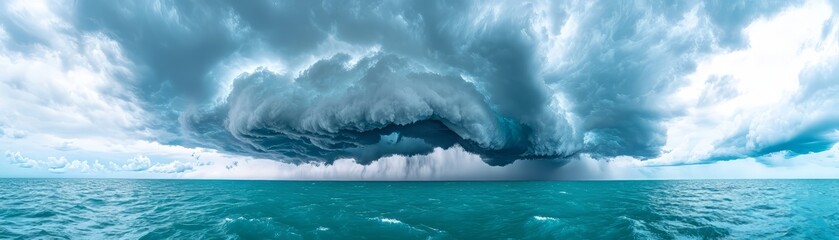 Fototapeta premium A dramatic view of a stormy sky over the ocean, showcasing dark clouds and turbulent waters in a panoramic scene.
