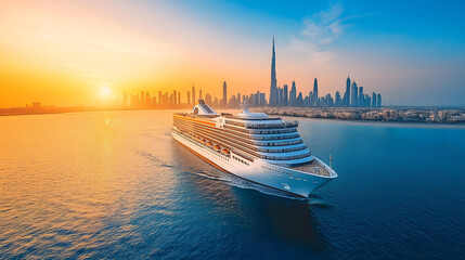 Luxurious modern white cruise liner sailing on the blue sea with great Dubai backdrop view