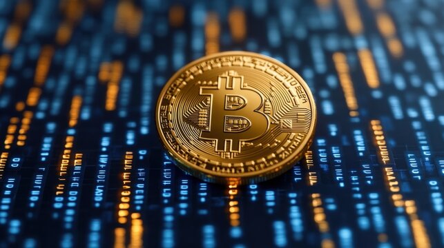 Golden Bitcoin surrounded by encryption code, isolated on a blue background, close-up, flat design style, studio lighting
