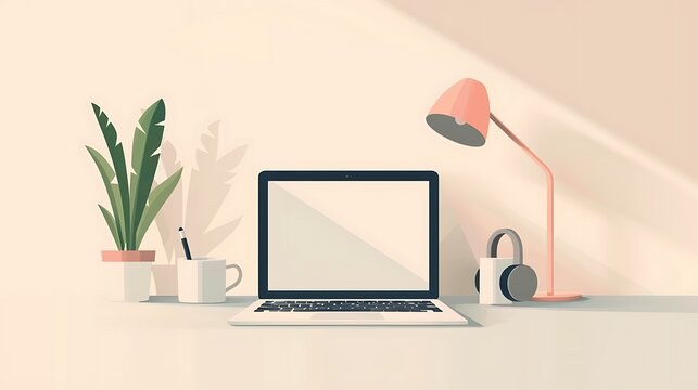 A minimalist illustration of a remote work setup, featuring a laptop on a clean desk with a cup of coffee and headphones, set against a simple background. 8k UHD, suitable for high-quality printing 