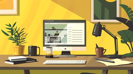 An illustration of a virtual meeting setup with a computer screen showing a video conference, accompanied by notes, a pen, and a coffee mug on a neatly organized desk. 8k UHD, suitable for high-qualit