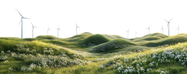 Wind turbines and grassy hills flora isolated against transparent background. Natural energy concept