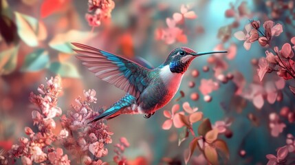 Fototapeta premium Vibrant Hummingbird in Flight Against a Blurred Floral Background