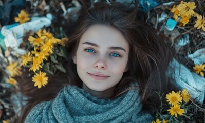 woman participates in CSR work, collecting trash in littered area where small, bright flowers bloom amidst the waste. The image highlights the contrast between the beauty of nature.