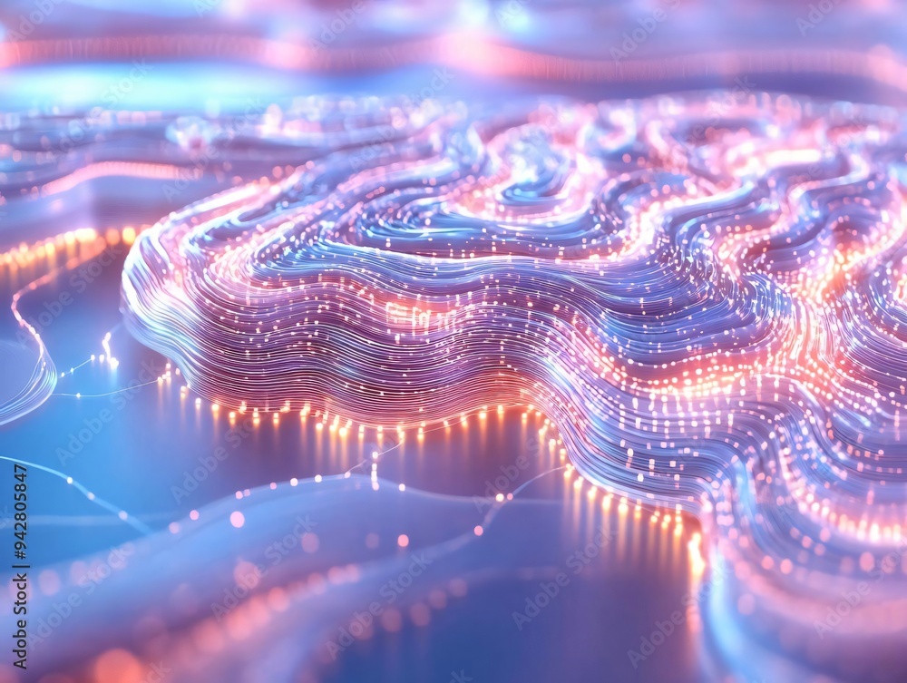 Poster a vibrant abstract illustration featuring flowing lines and glowing lights, creating a mesmerizing v