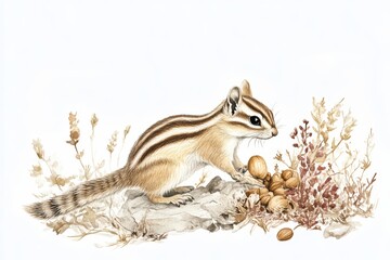 Obraz premium A charming illustration of a chipmunk among herbs and nuts, showcasing the beauty of nature and wildlife.