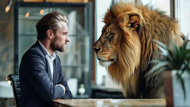 business man meeting with a lion for deal business, brave and against big deal