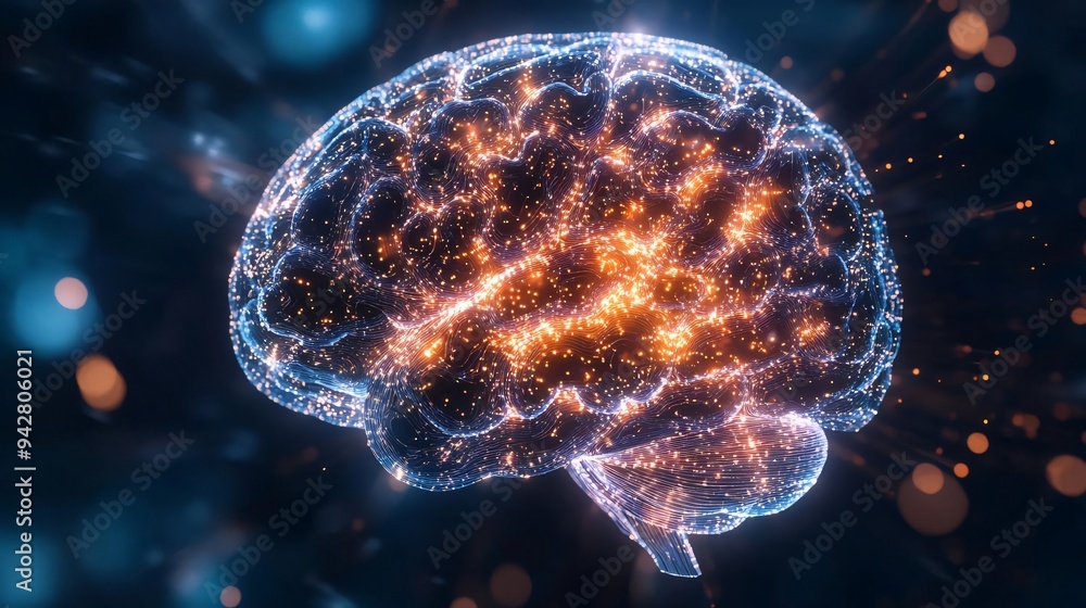 Poster a digitally rendered brain with glowing particles, representing intelligence, creativity, and neural