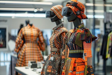 Colorful mannequins wearing vibrant traditional African clothing in a modern exhibition setting, showcasing cultural fashion.