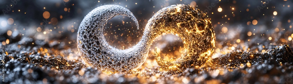 Poster a glowing infinity symbol created with metallic textures, representing unity and continuity against 
