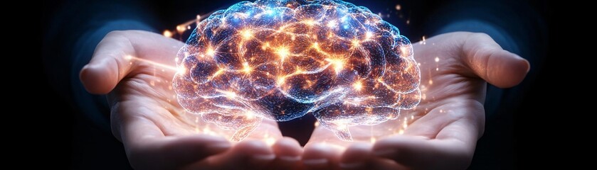 A human hand holding a glowing brain, symbolizing creativity, knowledge, and the power of cognitive science.