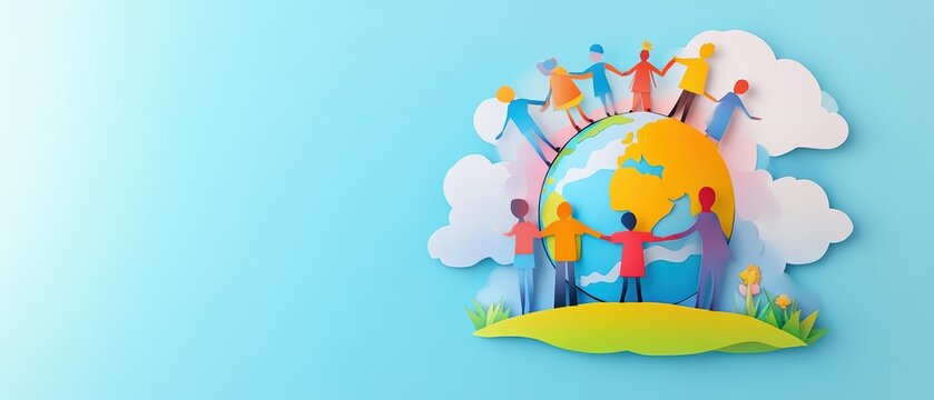 A colorful paper art representation of diverse people holding hands around the globe, symbolizing unity and global connection.