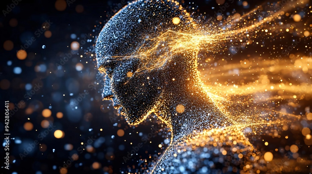 Poster a mesmerizing digital art image of a glowing figure representing creativity and innovation, blending