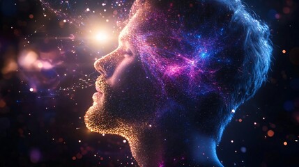 A mystical portrait representing the cosmos within, blending human form with vibrant galaxies and celestial lights.