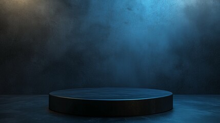 A smooth black stone podium with subtle texture, set against a dark, misty background, evoking elegance and simplicity.