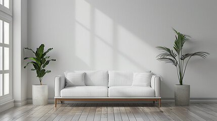 A white sofa with throw pillows sits in a modern living room with two potted plants on either side.