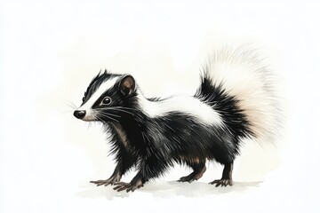 Fototapeta premium A detailed illustration of a skunk, showcasing its striking black and white fur and bushy tail in a natural pose.
