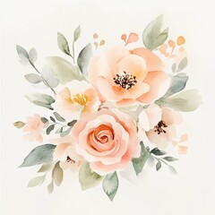 A beautiful watercolor floral arrangement featuring soft pink roses and delicate leaves, perfect for spring designs.