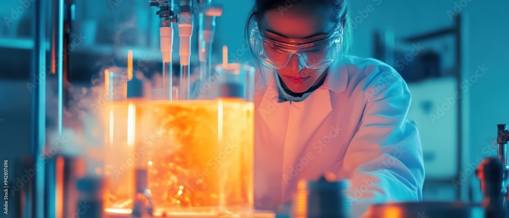 Poster a focused scientist conducts an experiment in a laboratory, with vibrant colors and smoke emanating 