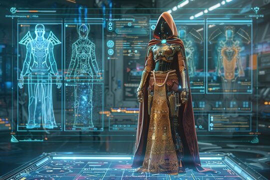Futuristic character in hooded cloak stands in detailed holographic interface with sci-fi elements, highlighting futuristic technology and design.