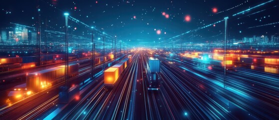 Fototapeta premium A futuristic cityscape featuring vibrant lights and dynamic transportation, showcasing a busy highway at night.