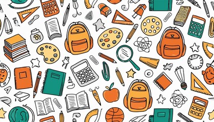 ilustración patrón de educación infantil con mochilas, lapices, pinturas, libretas, cuadernos, reglas, calculadoras...material escolar del colegio