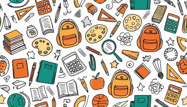 ilustraci&oacute;n patr&oacute;n de educaci&oacute;n infantil con mochilas, lapices, pinturas, libretas, cuadernos, reglas, calculadoras...material escolar del colegio