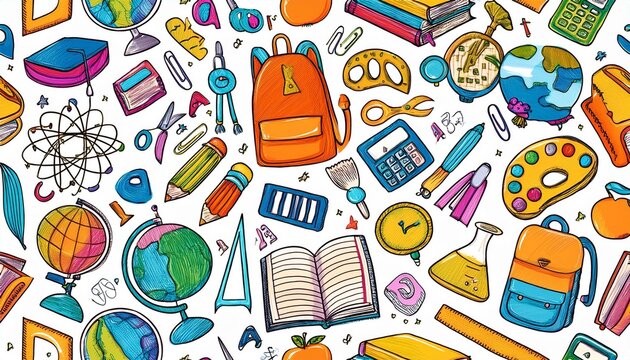ilustraci&oacute;n patr&oacute;n de educaci&oacute;n infantil con mochilas, lapices, pinturas, libretas, cuadernos, reglas, calculadoras...material escolar del colegio