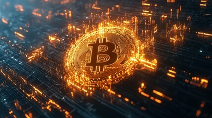 Fototapeta premium Bitcoin symbol at the center of a digital network, surrounded by secure encryption nodes, [Bitcoin], [network protection].