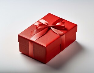 Obraz premium Caja de regalo roja envuelta con un lazo rojo de navidad en un fondo blanco vacío.