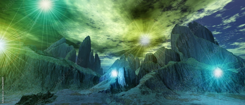 Canvas Prints alien landscape, ball lightning over the surface of an alien planet, 3d rendering