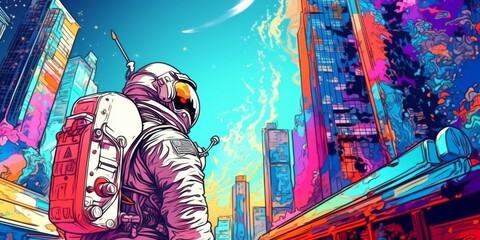 Fototapeta premium Futuristic Urban Astronaut: AI-Generated Animation of Whimsical Space Explorer in Vibrant Cityscape. Colorful Abstract Background Merging Sci-Fi and Street Art for Creative Marketing and Web Design In