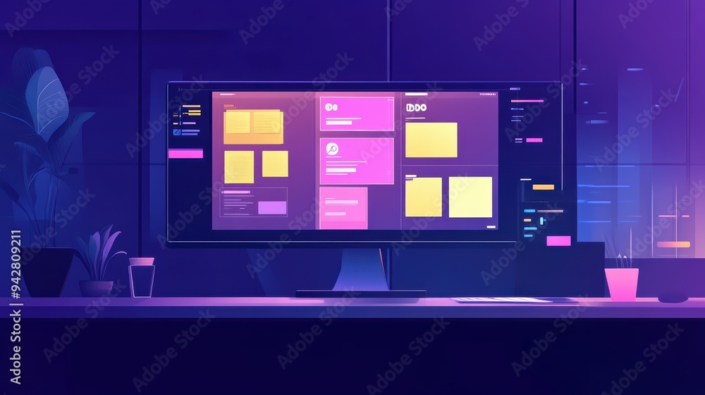 Poster a modern workspace featuring a large monitor with colorful user interface elements and a plant, idea